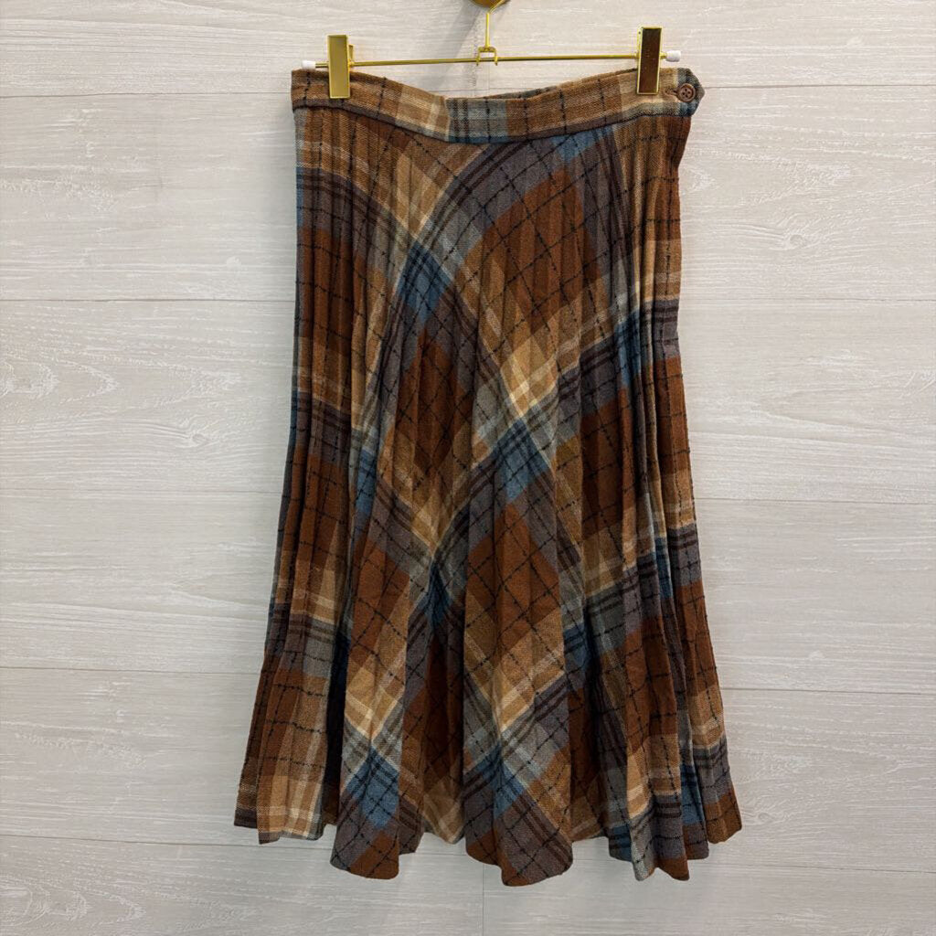 Vintage College Town Brown/ Blue Plaid Pleated Midi Skirt Small