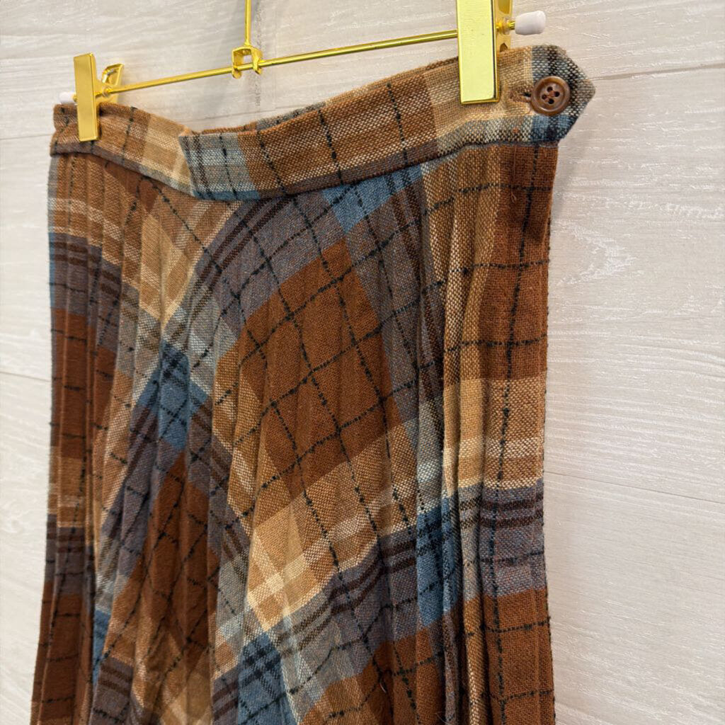 Vintage College Town Brown/ Blue Plaid Pleated Midi Skirt Small