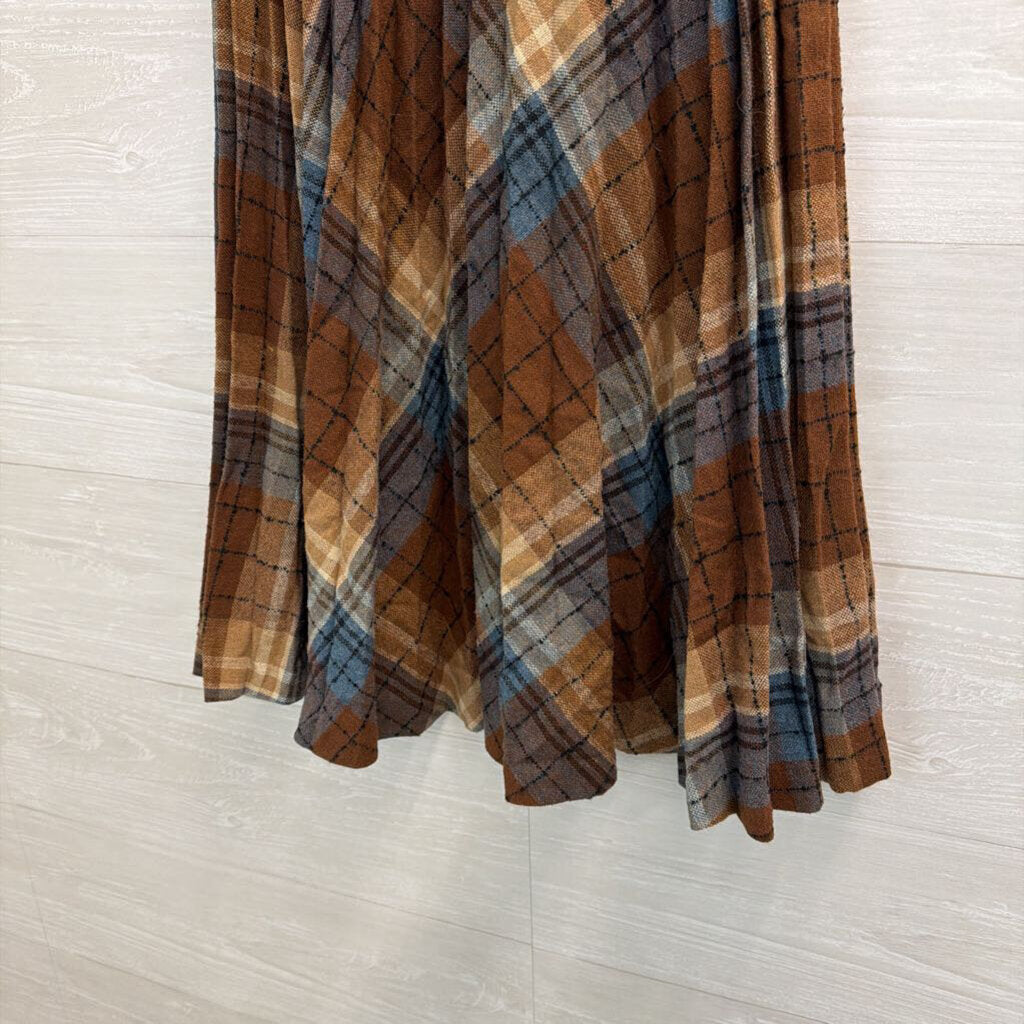 Vintage College Town Brown/ Blue Plaid Pleated Midi Skirt Small
