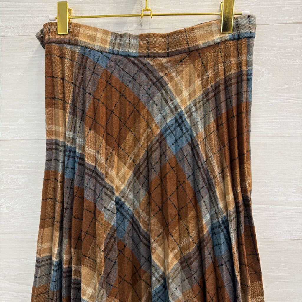Vintage College Town Brown/ Blue Plaid Pleated Midi Skirt Small