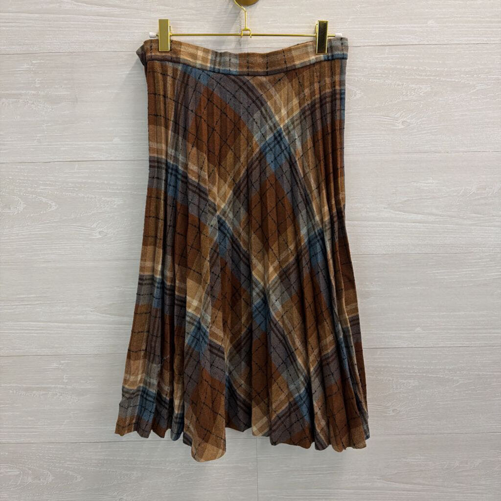 Vintage College Town Brown/ Blue Plaid Pleated Midi Skirt Small