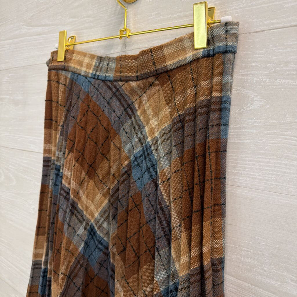 Vintage College Town Brown/ Blue Plaid Pleated Midi Skirt Small