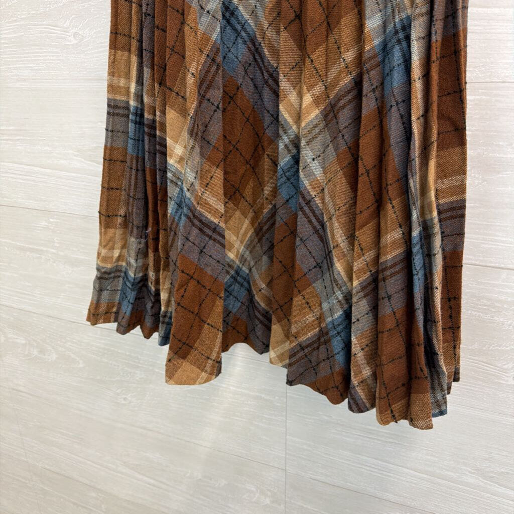 Vintage College Town Brown/ Blue Plaid Pleated Midi Skirt Small