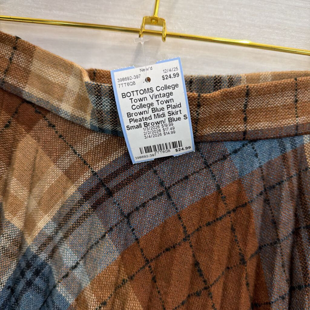 Vintage College Town Brown/ Blue Plaid Pleated Midi Skirt Small