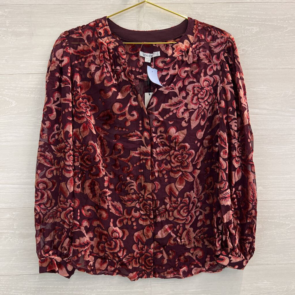 Chicos Burgundy Velvet Print Long Sleeve Top 12