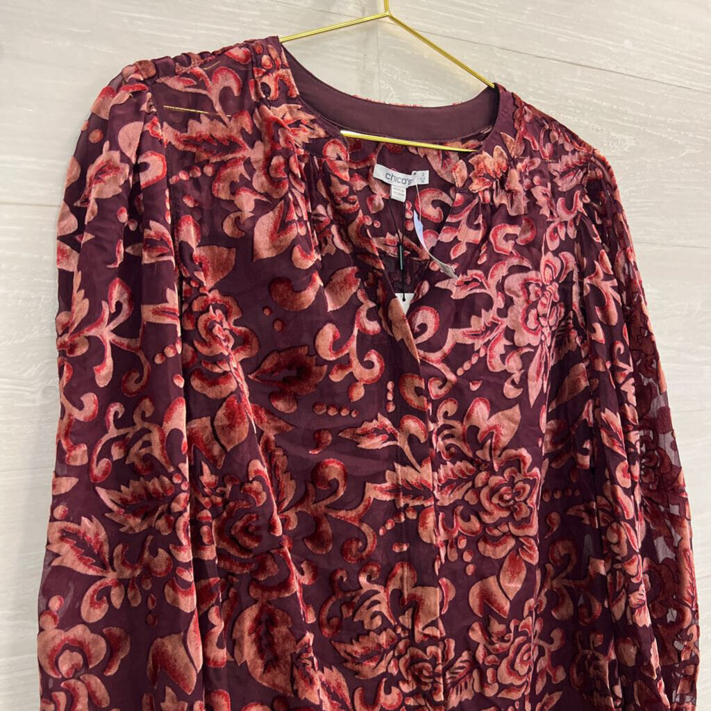 Chicos Burgundy Velvet Print Long Sleeve Top 12