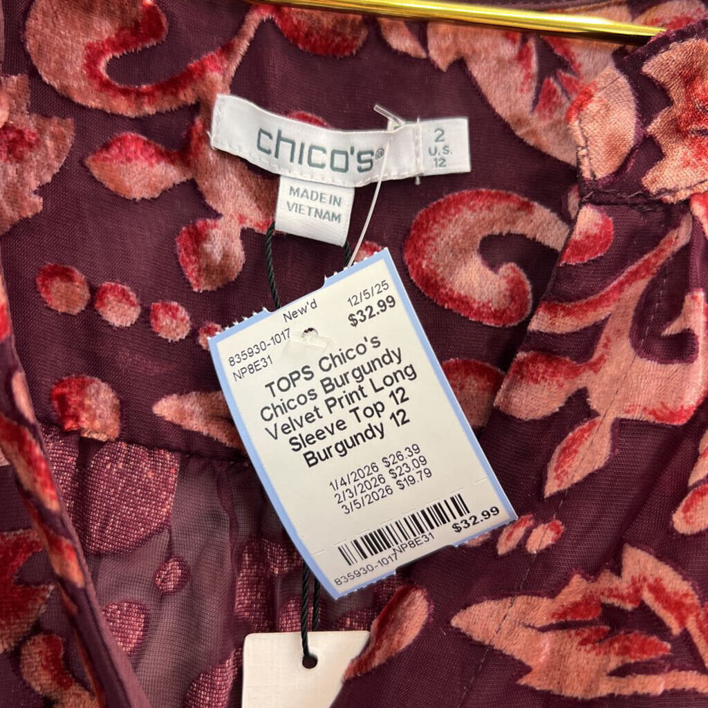 Chicos Burgundy Velvet Print Long Sleeve Top 12