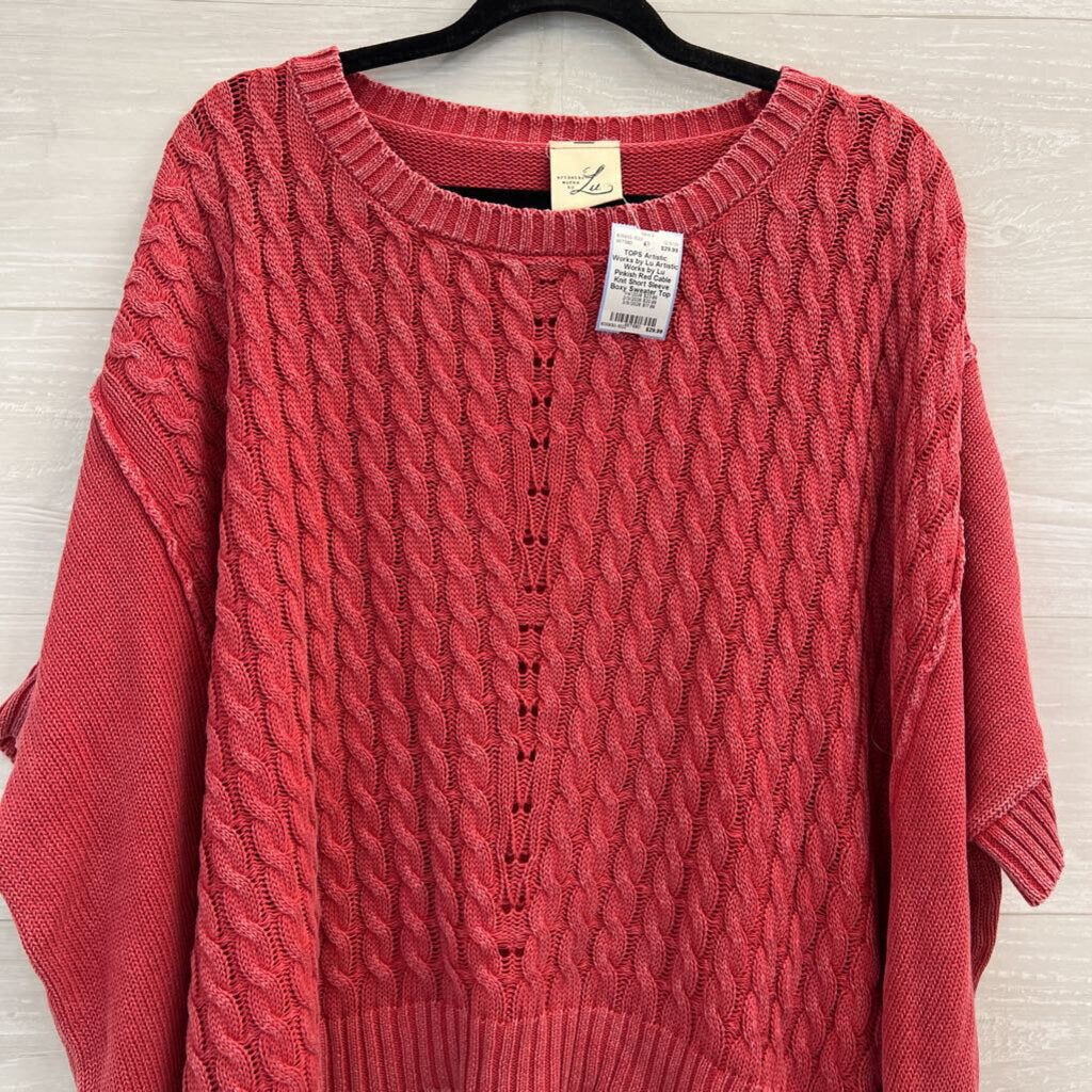 Artistic Works by Lu Pinkish Red Cable Knit Short Sleeve Boxy Sweater Top Medium