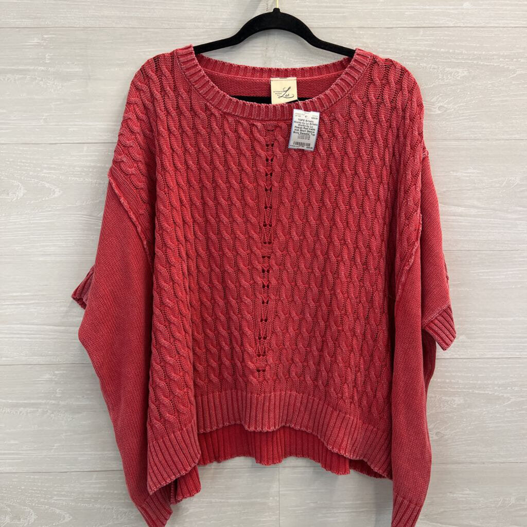 Artistic Works by Lu Pinkish Red Cable Knit Short Sleeve Boxy Sweater Top Medium