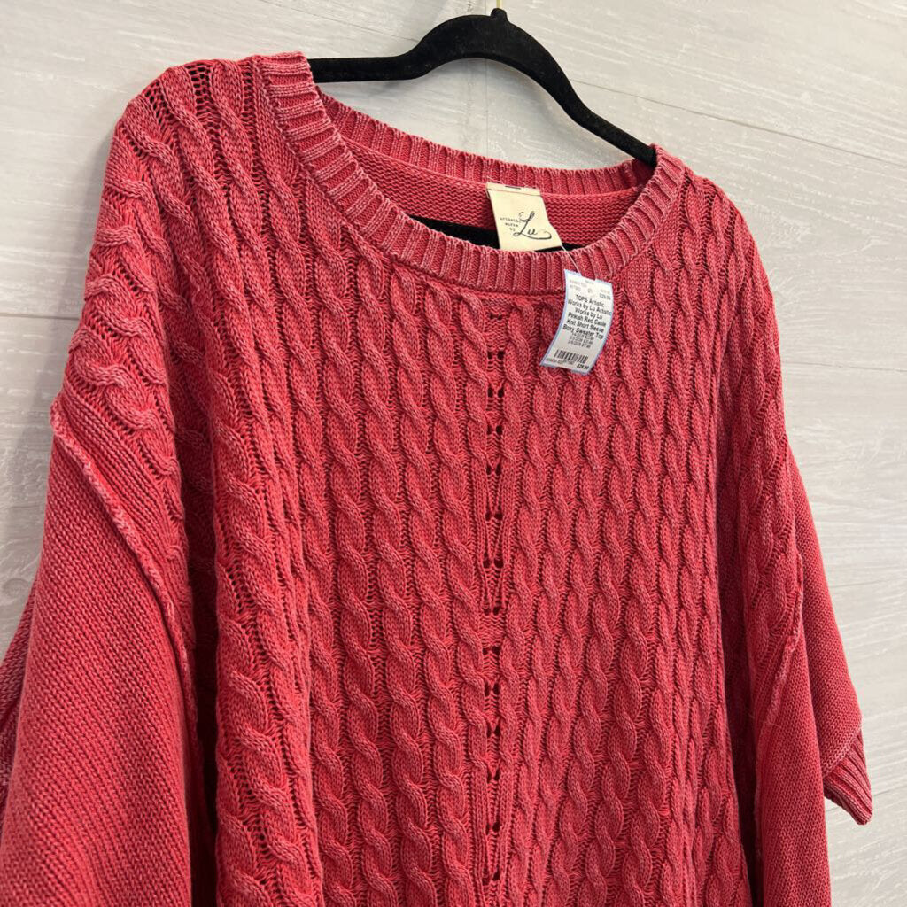 Artistic Works by Lu Pinkish Red Cable Knit Short Sleeve Boxy Sweater Top Medium