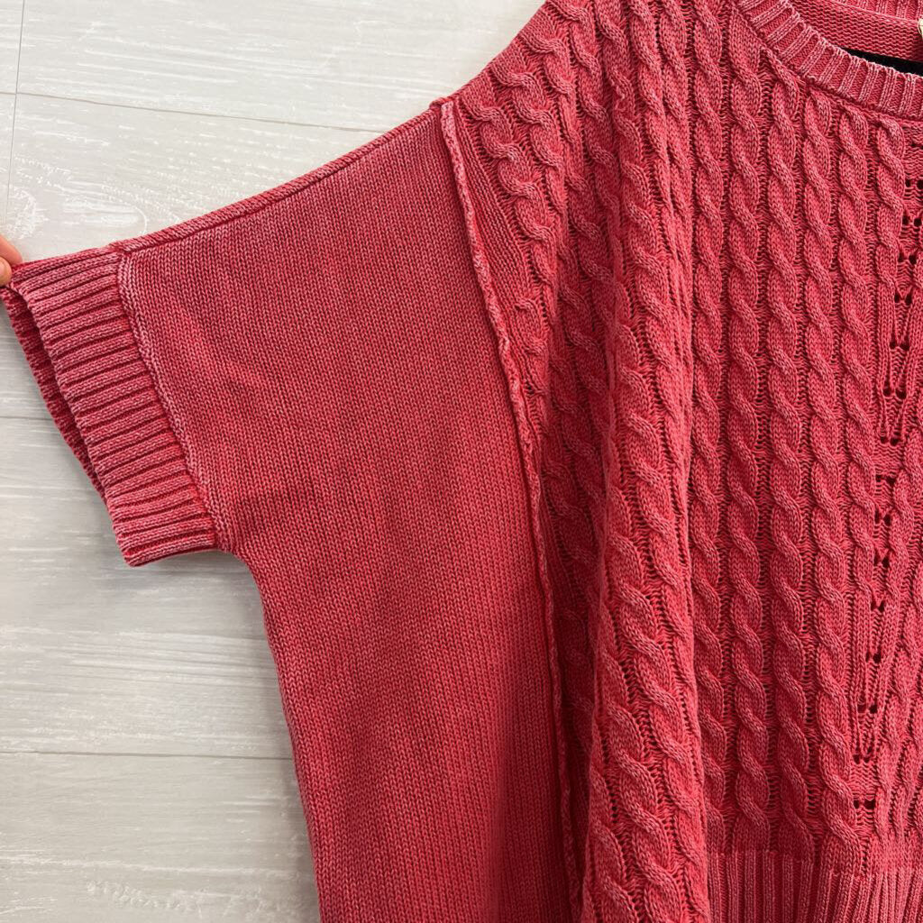 Artistic Works by Lu Pinkish Red Cable Knit Short Sleeve Boxy Sweater Top Medium