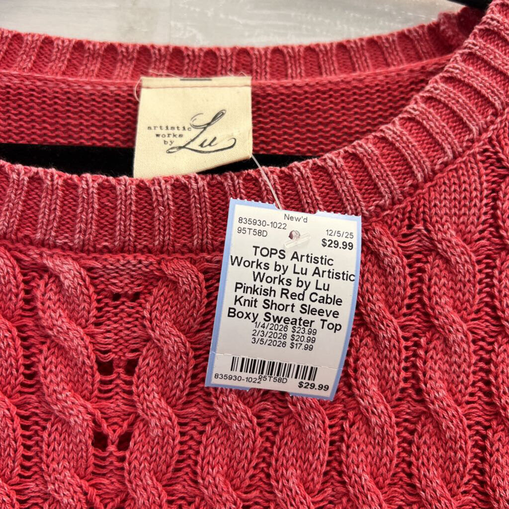Artistic Works by Lu Pinkish Red Cable Knit Short Sleeve Boxy Sweater Top Medium