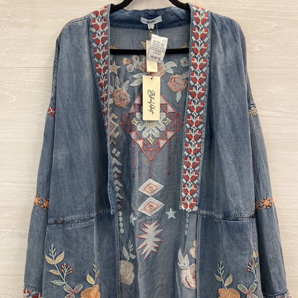 Blue Velvet Blue Chambray/ Multi Color Embroidered Long Sleeve Kimono Top Large