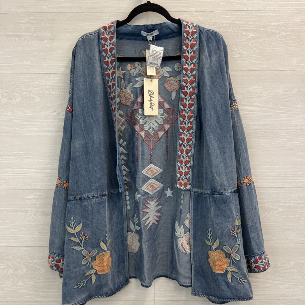 Blue Velvet Blue Chambray/ Multi Color Embroidered Long Sleeve Kimono Top Large