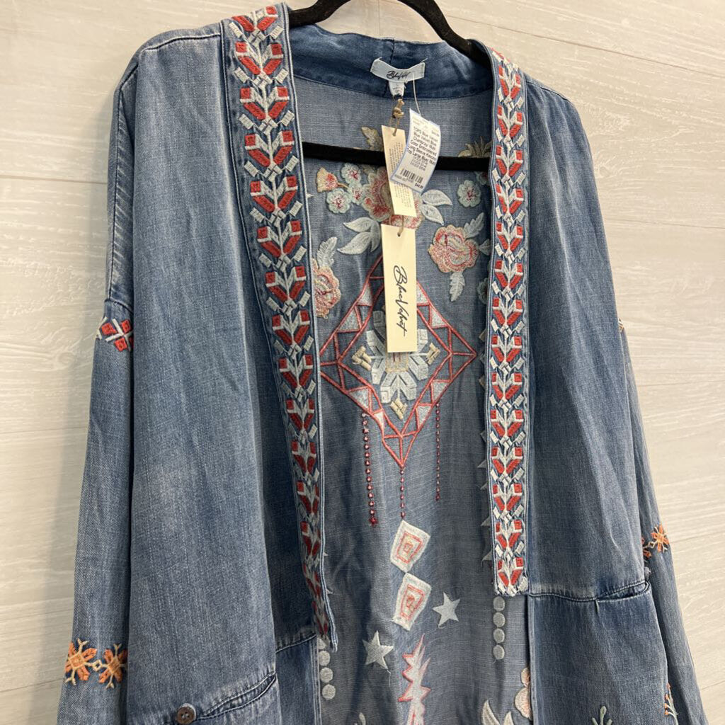 Blue Velvet Blue Chambray/ Multi Color Embroidered Long Sleeve Kimono Top Large