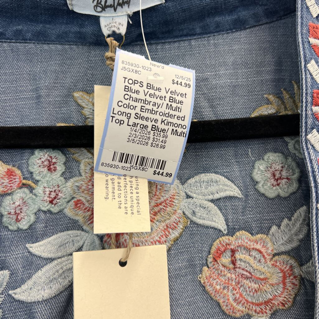 Blue Velvet Blue Chambray/ Multi Color Embroidered Long Sleeve Kimono Top Large