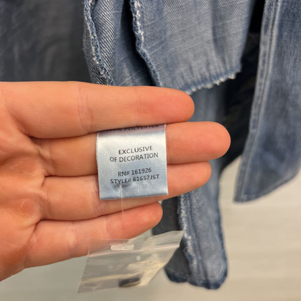 Blue Velvet Blue Chambray/ Multi Color Embroidered Long Sleeve Kimono Top Large