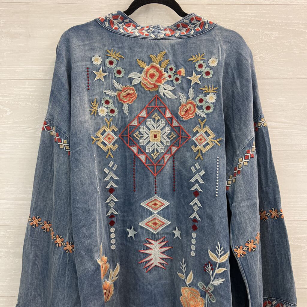 Blue Velvet Blue Chambray/ Multi Color Embroidered Long Sleeve Kimono Top Large