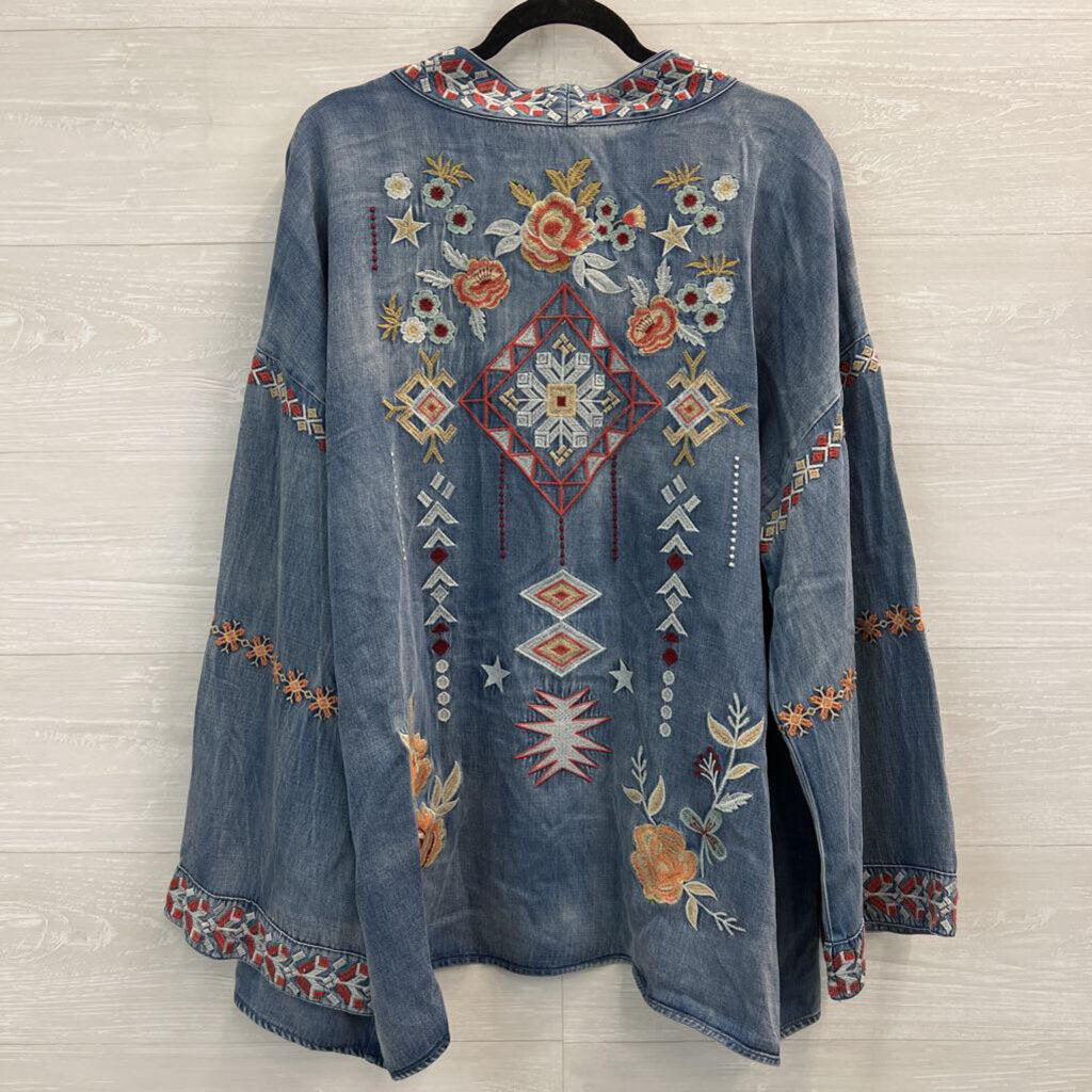 Blue Velvet Blue Chambray/ Multi Color Embroidered Long Sleeve Kimono Top Large