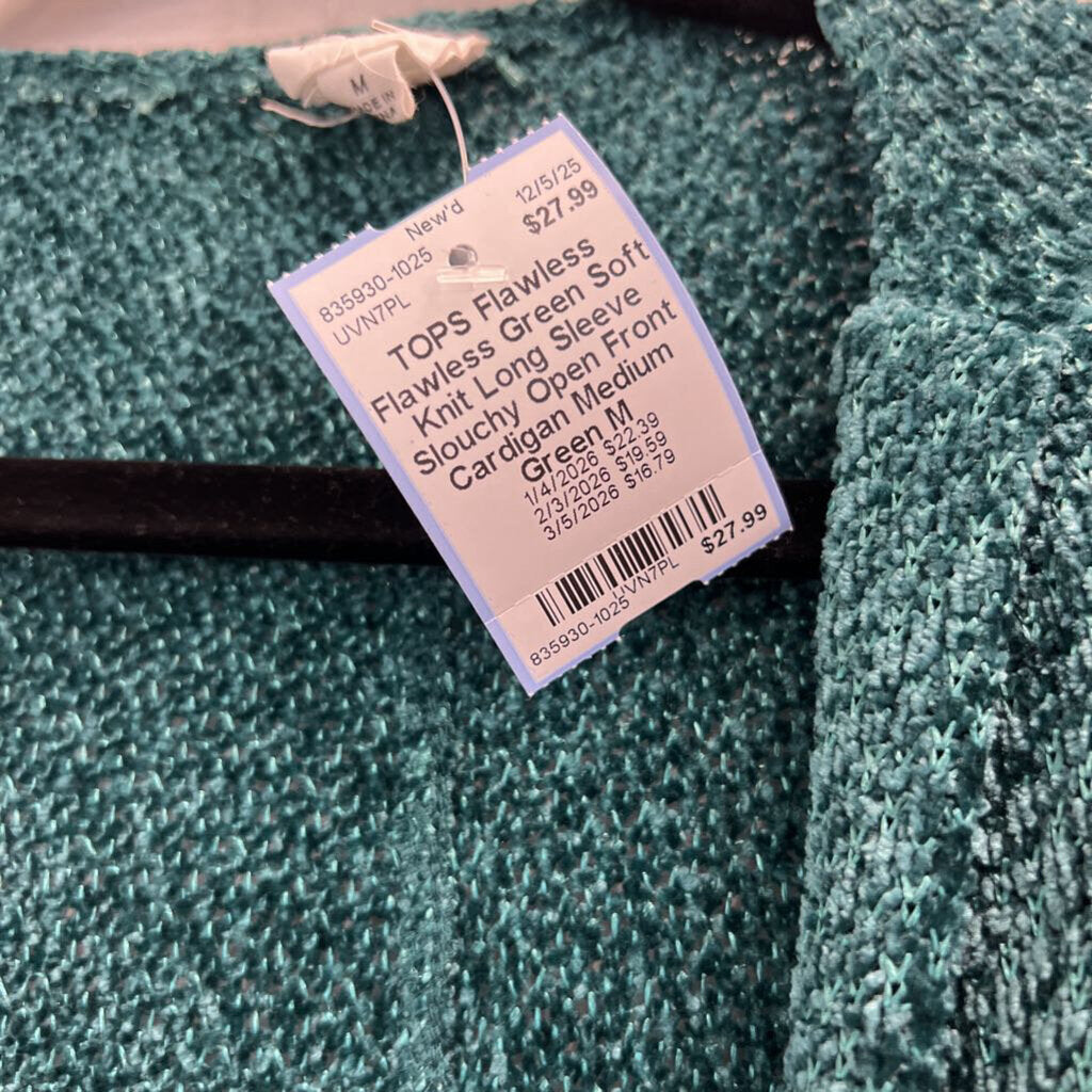 Flawless Green Soft Knit Long Sleeve Slouchy Open Front Cardigan Medium