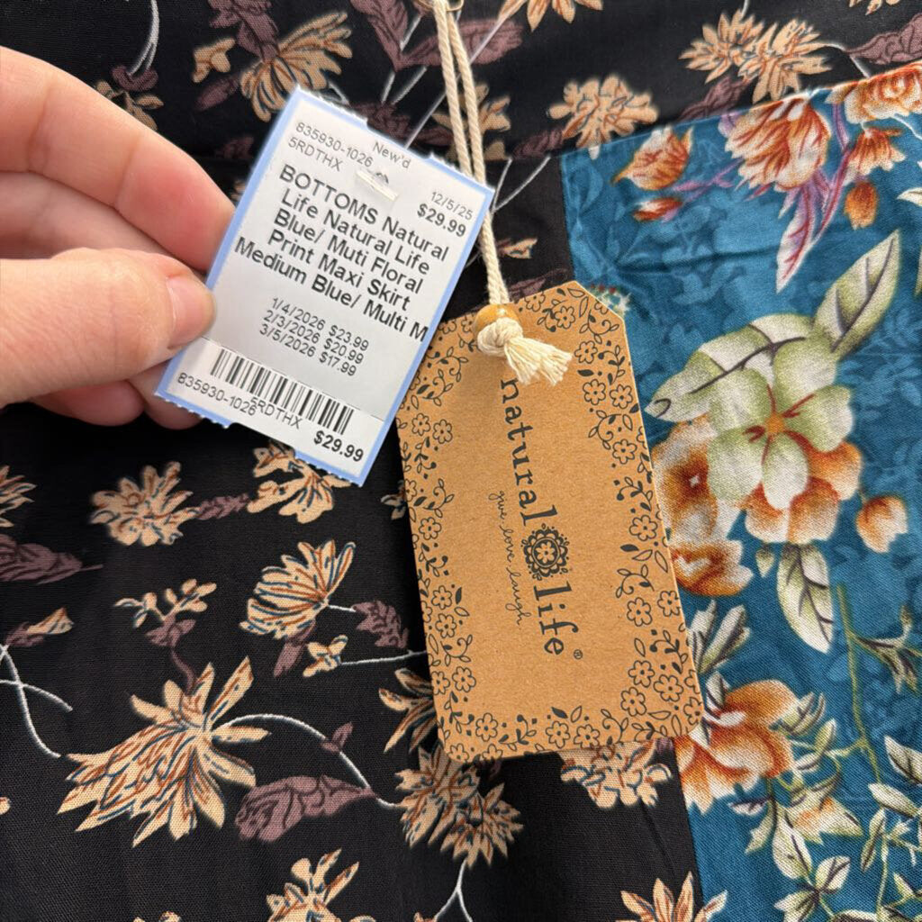 Natural Life Blue/ Muti Floral Print Maxi Skirt Medium