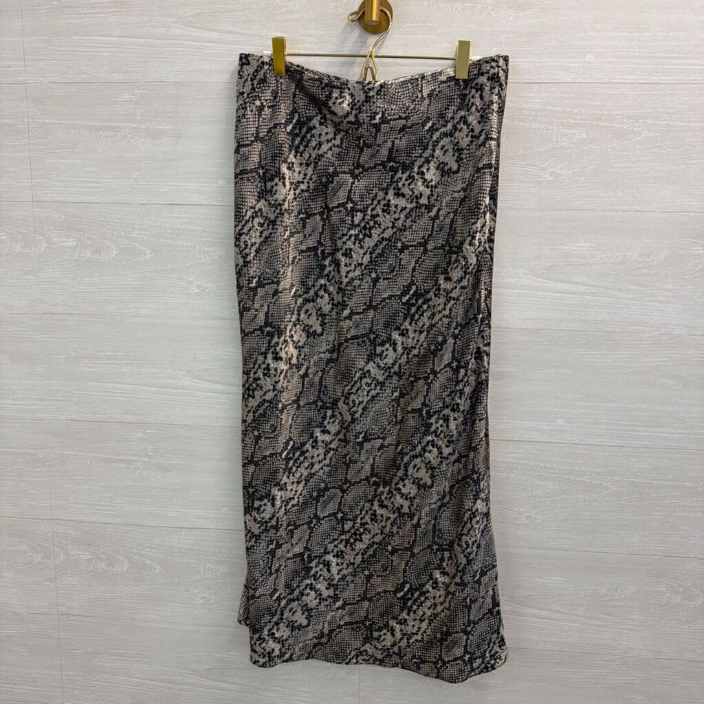 Know One Cares Black/ Beige Silky Snakeskin Print Midi Skirt Large