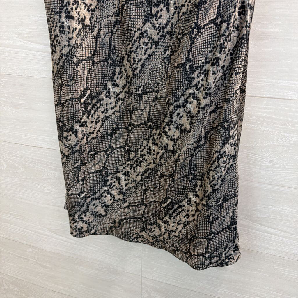Know One Cares Black/ Beige Silky Snakeskin Print Midi Skirt Large