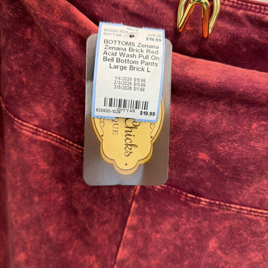 Zenana Brick Red Acid Wash Pull On Bell Bottom Pants Large
