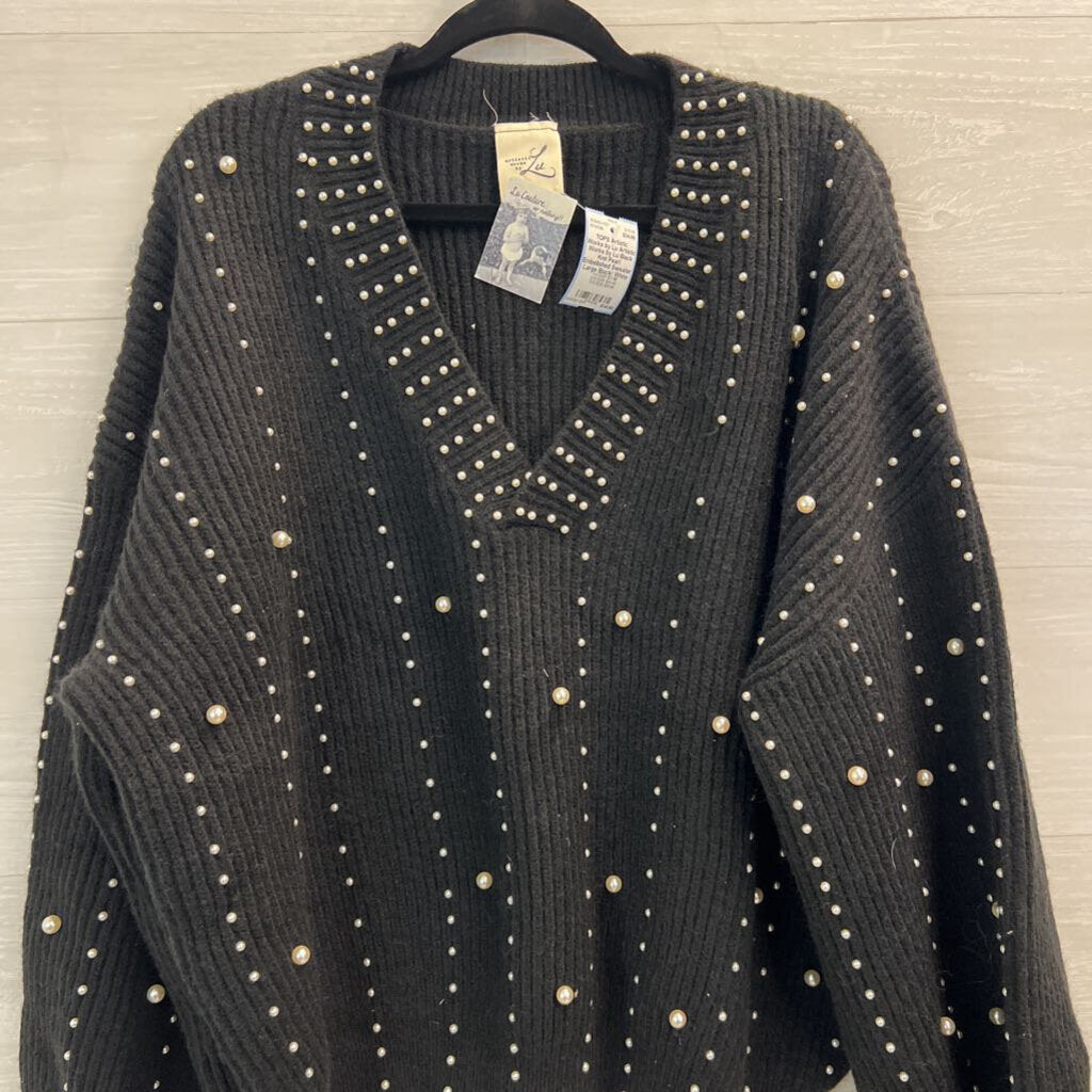 Artistic Works by Lu Black Knit Pearl Embellished Sweater Large