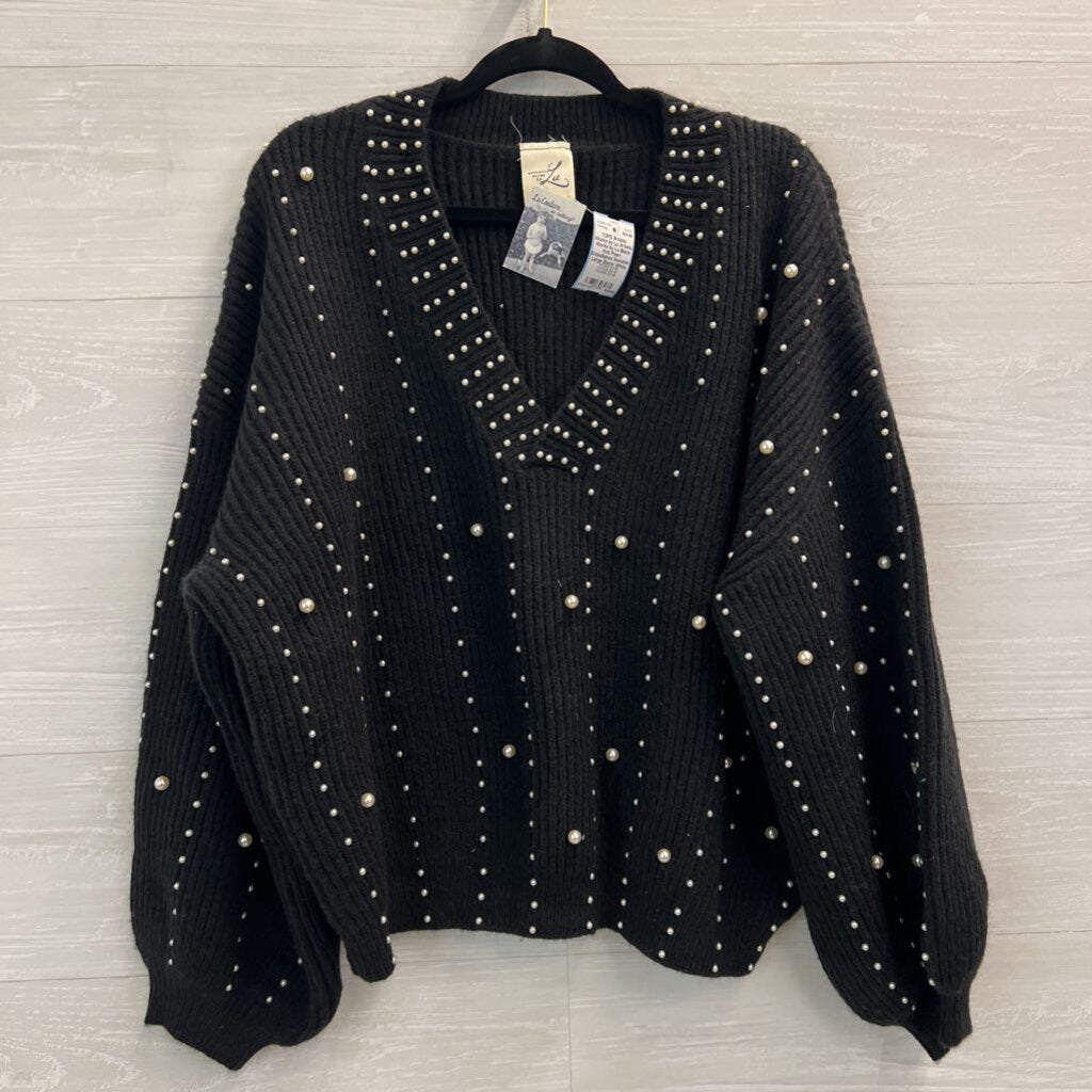 Artistic Works by Lu Black Knit Pearl Embellished Sweater Large