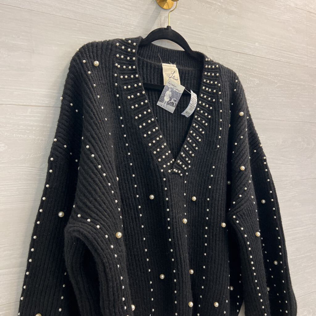 Artistic Works by Lu Black Knit Pearl Embellished Sweater Large