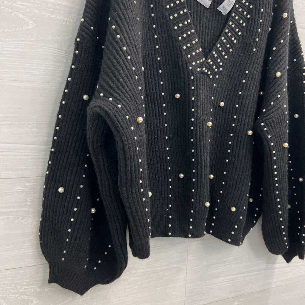 Artistic Works by Lu Black Knit Pearl Embellished Sweater Large