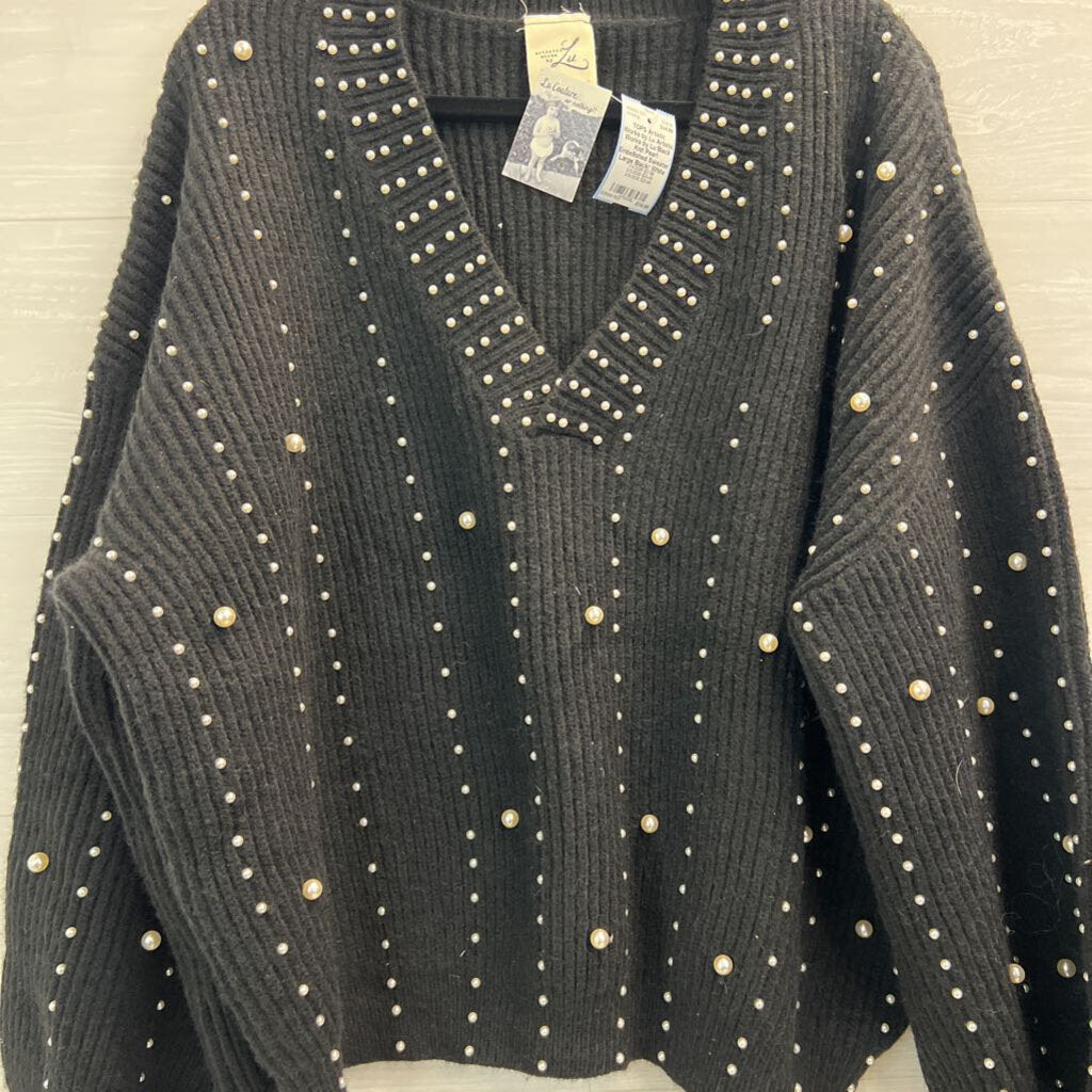 Artistic Works by Lu Black Knit Pearl Embellished Sweater Large