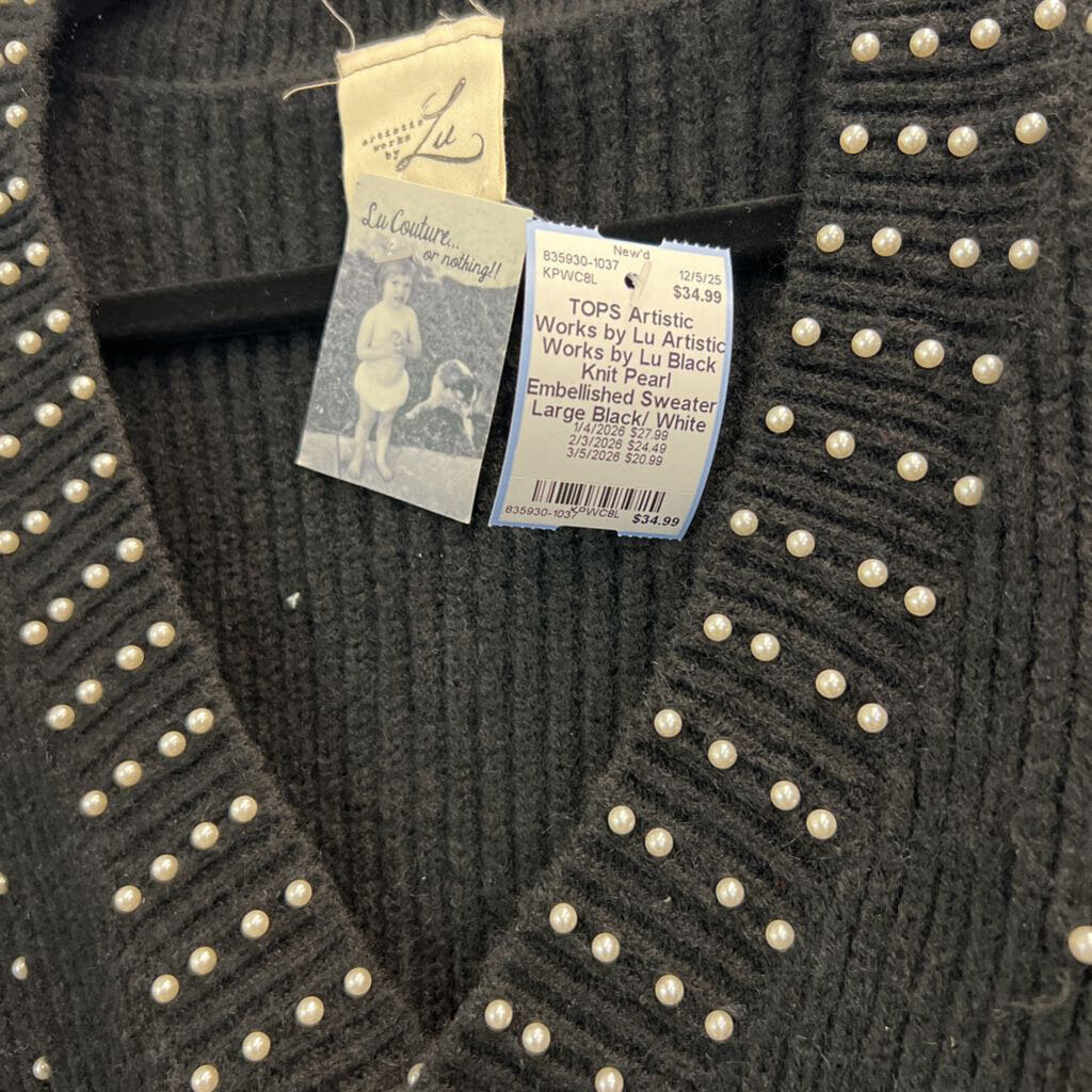 Artistic Works by Lu Black Knit Pearl Embellished Sweater Large