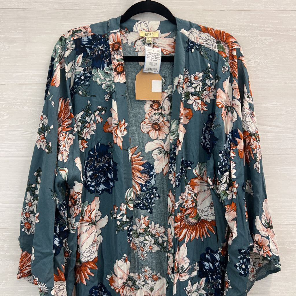 Kori Blue/ Multi Floral Print Long Sleeve Open Front Kimono Top Large