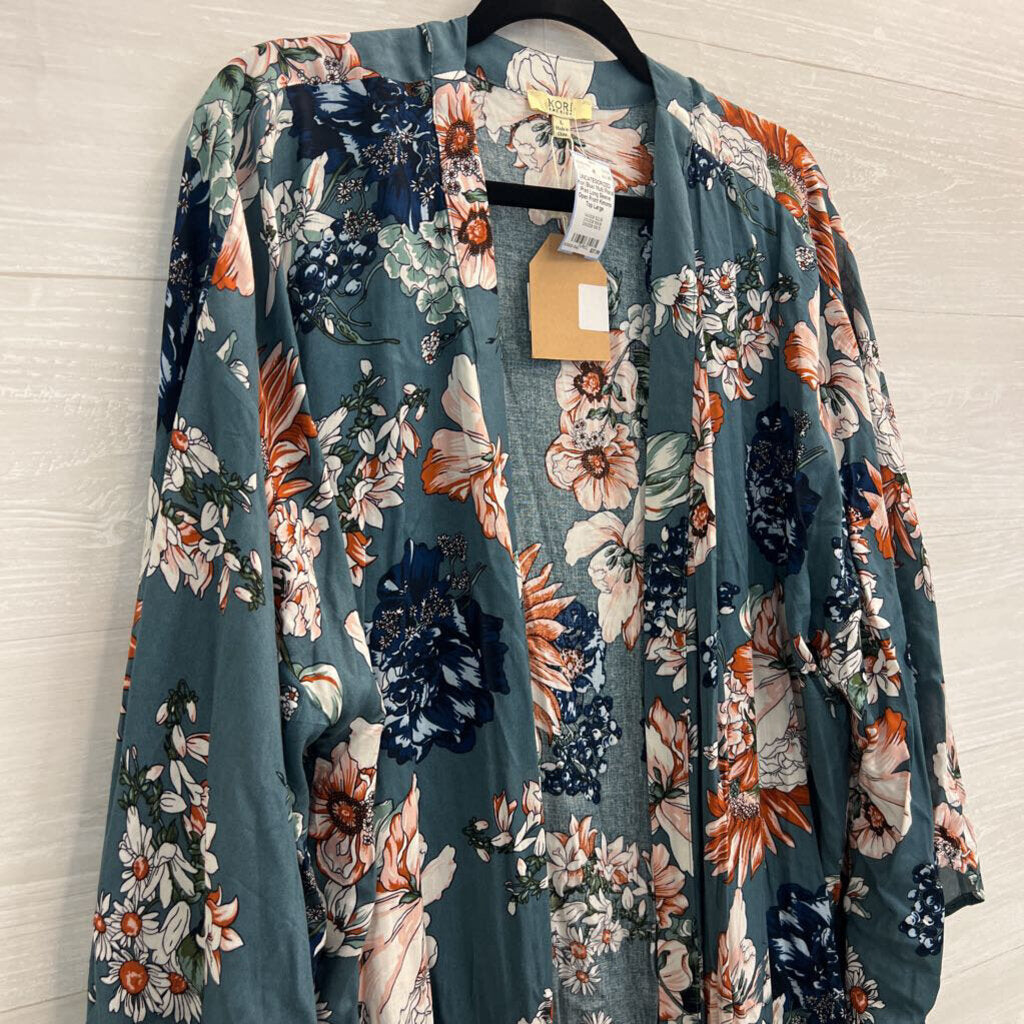 Kori Blue/ Multi Floral Print Long Sleeve Open Front Kimono Top Large