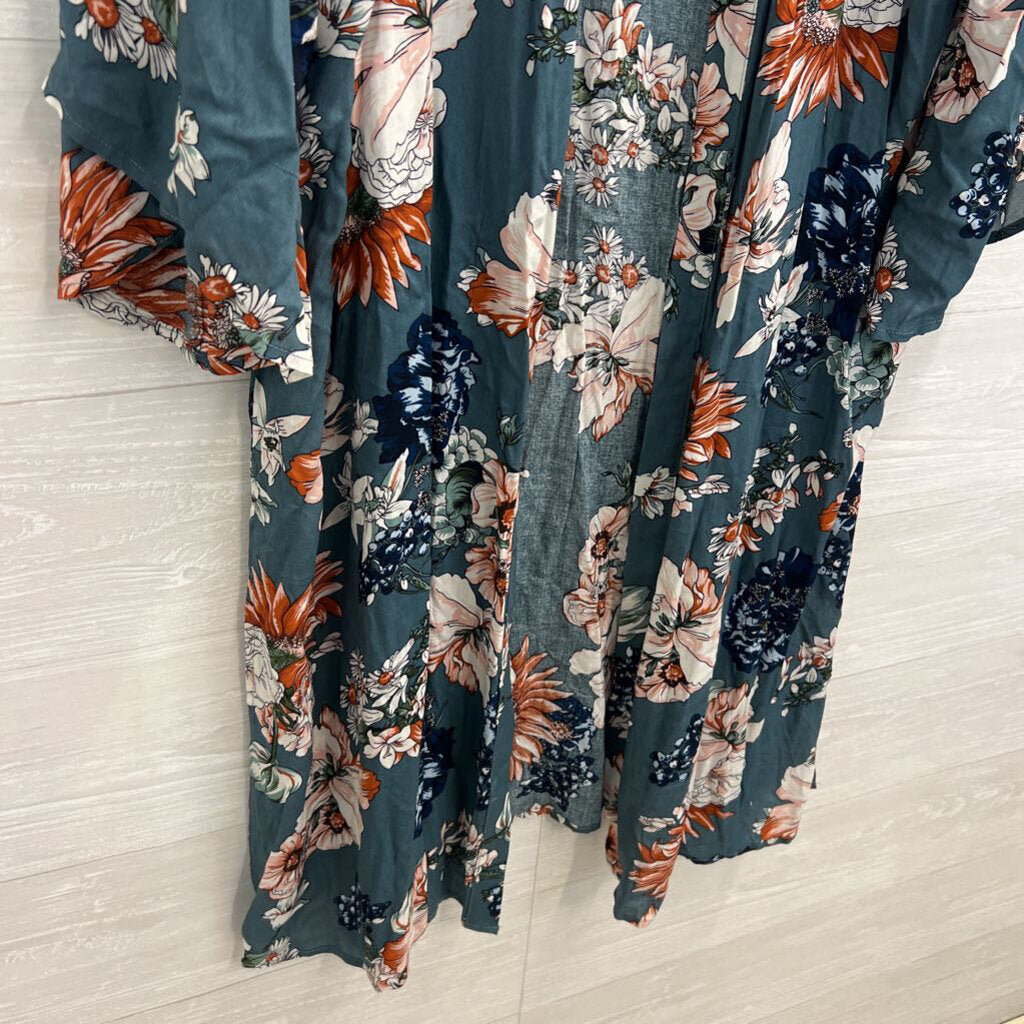 Kori Blue/ Multi Floral Print Long Sleeve Open Front Kimono Top Large