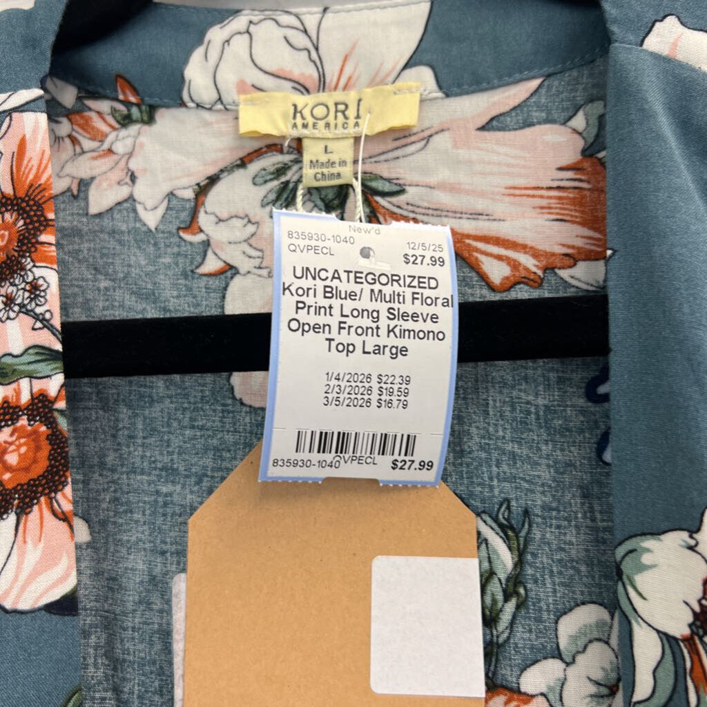Kori Blue/ Multi Floral Print Long Sleeve Open Front Kimono Top Large