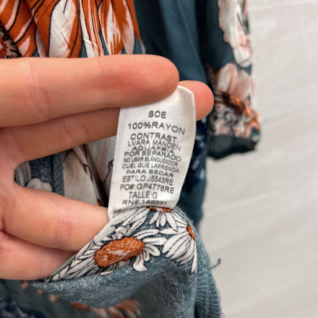 Kori Blue/ Multi Floral Print Long Sleeve Open Front Kimono Top Large