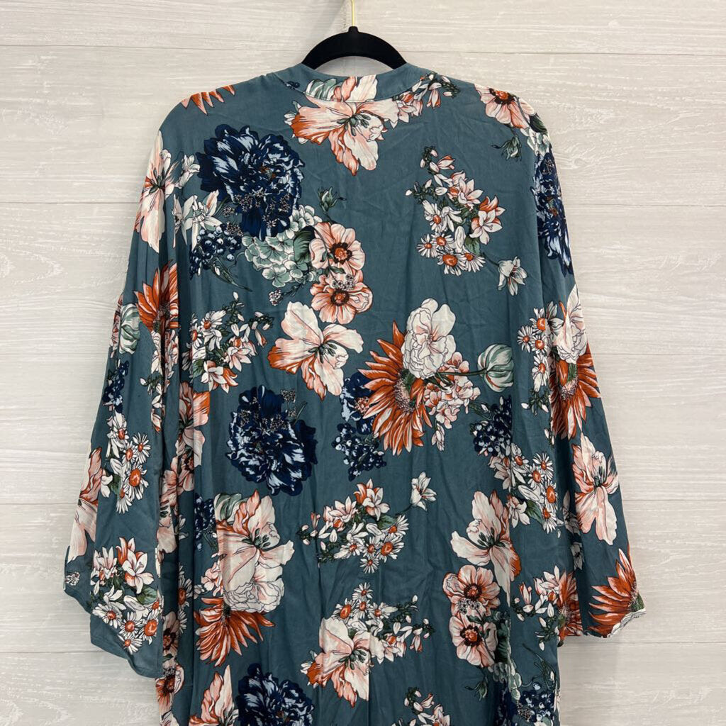 Kori Blue/ Multi Floral Print Long Sleeve Open Front Kimono Top Large