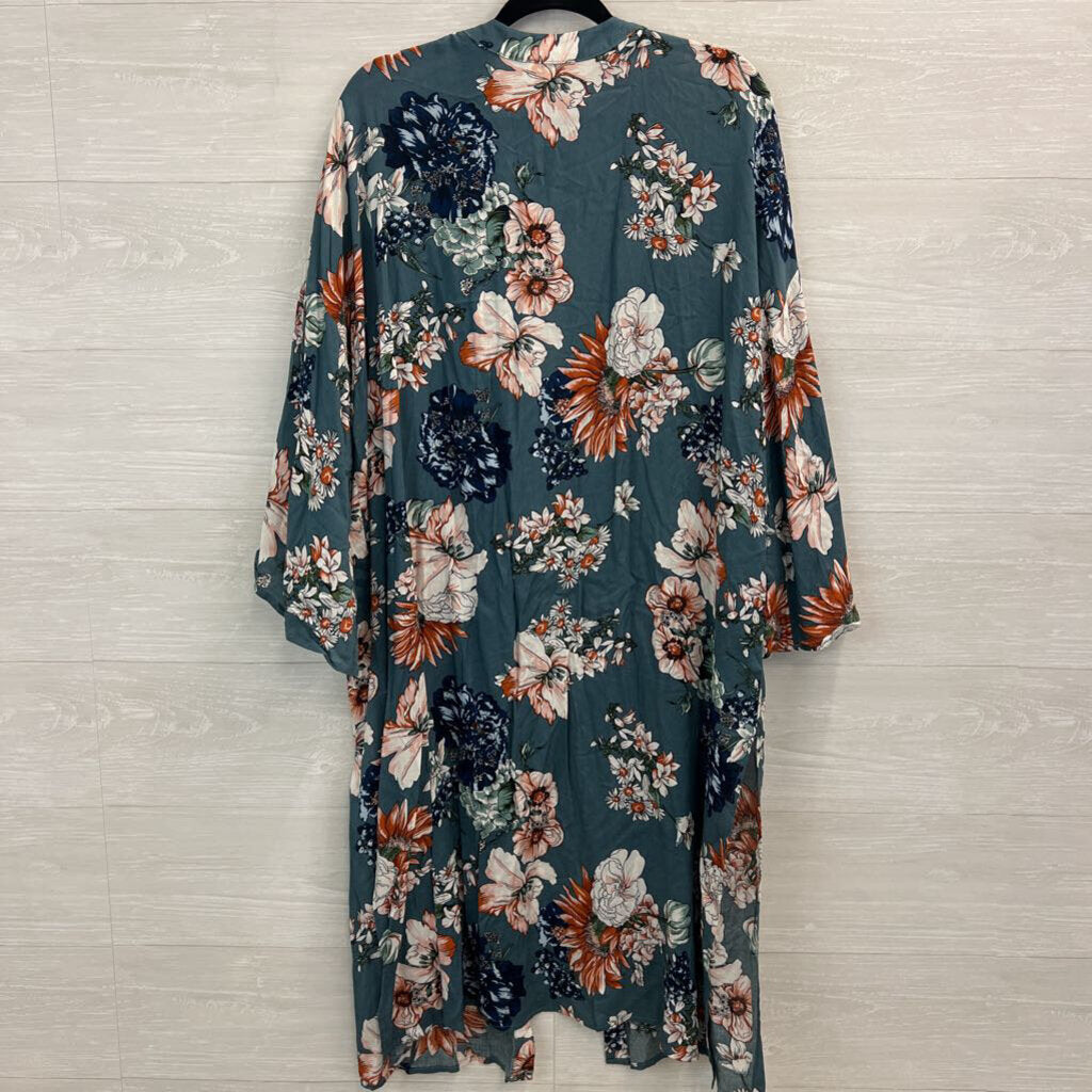 Kori Blue/ Multi Floral Print Long Sleeve Open Front Kimono Top Large