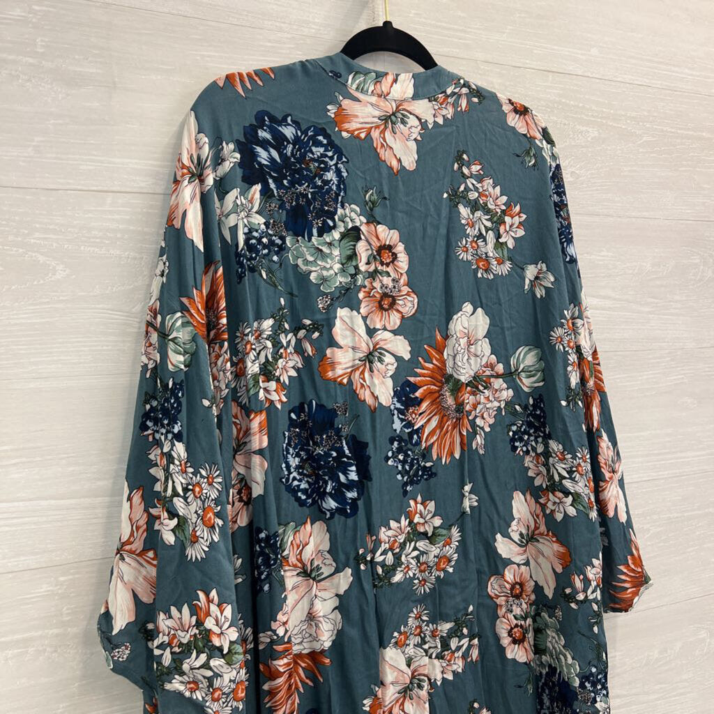 Kori Blue/ Multi Floral Print Long Sleeve Open Front Kimono Top Large