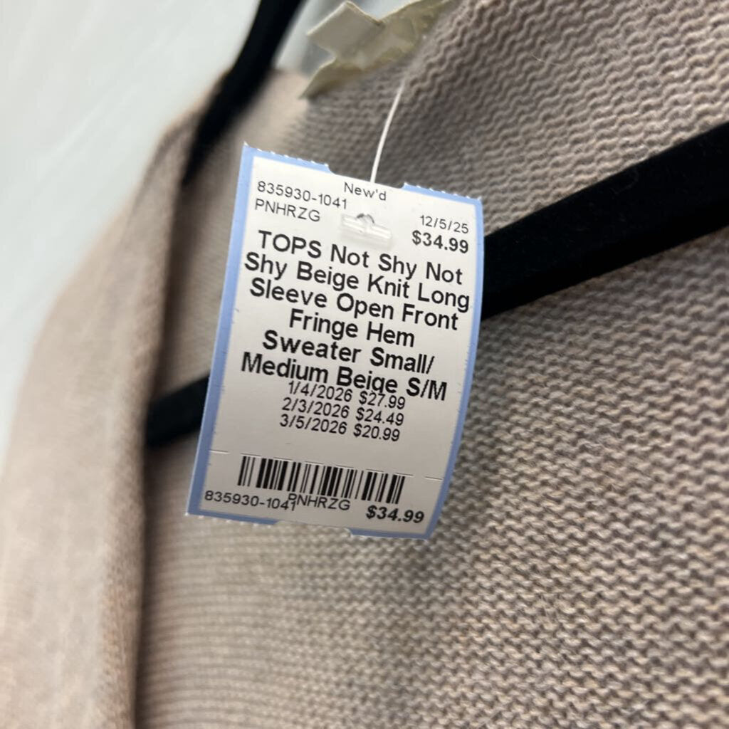 Not Shy Beige Knit Long Sleeve Open Front Fringe Hem Sweater Small/ Medium