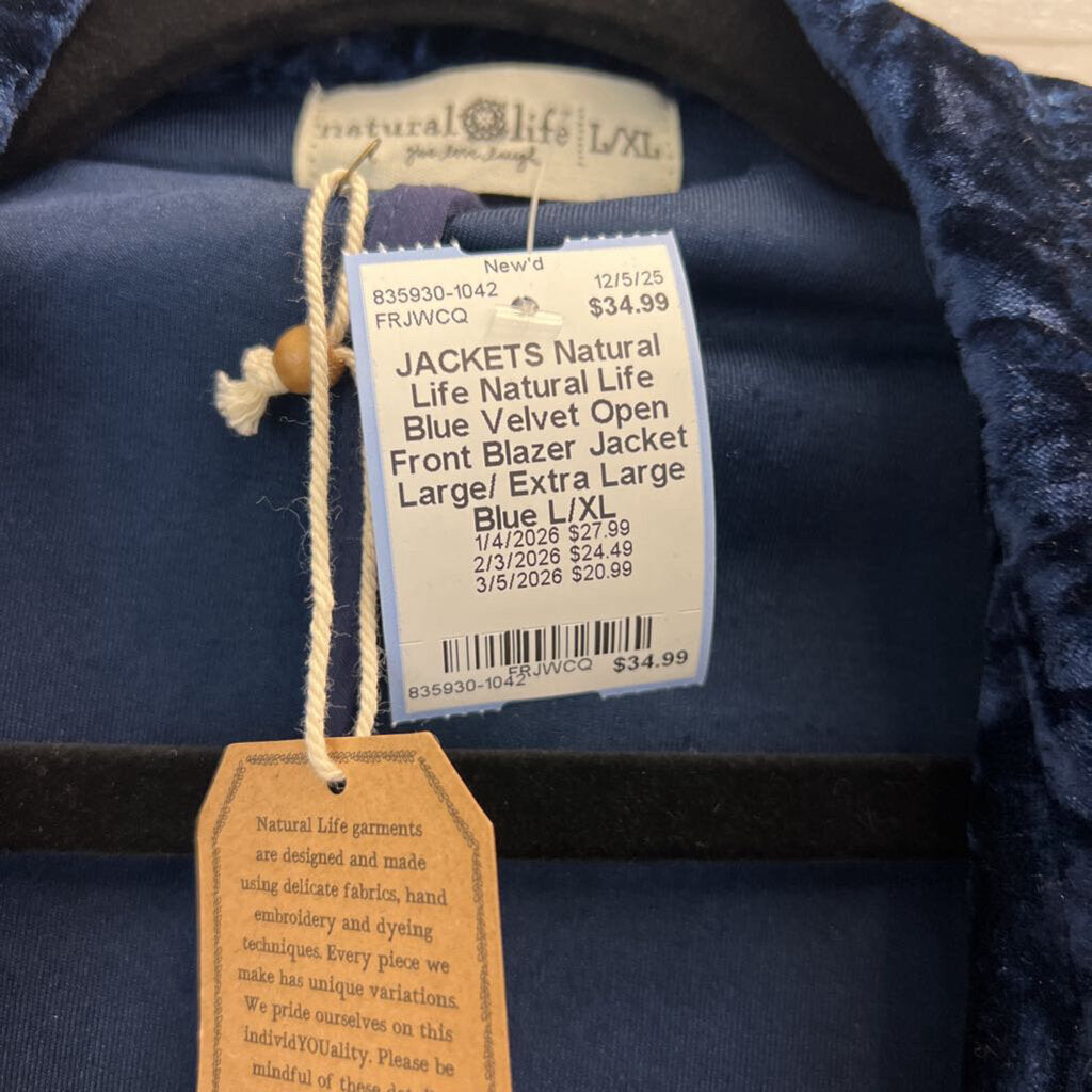 Natural Life Blue Velvet Open Front Blazer Jacket Large/ Extra Large