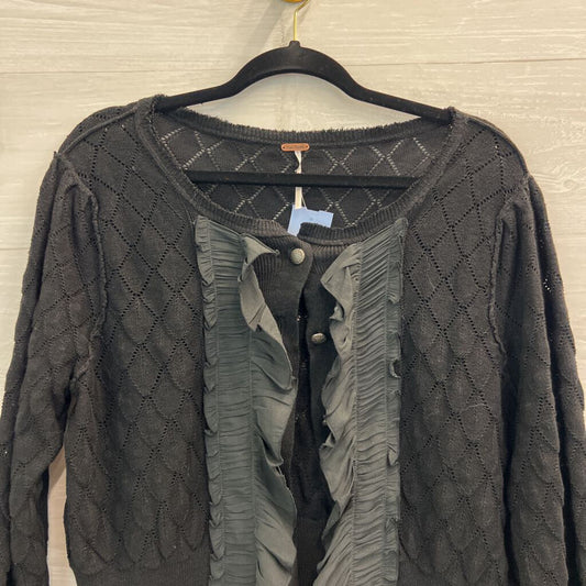 Free People Black Open Knit Cropped Ruffle Detail Cardigan Sweater Large