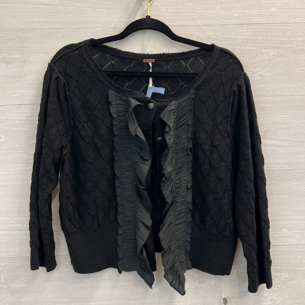 Free People Black Open Knit Cropped Ruffle Detail Cardigan Sweater Large
