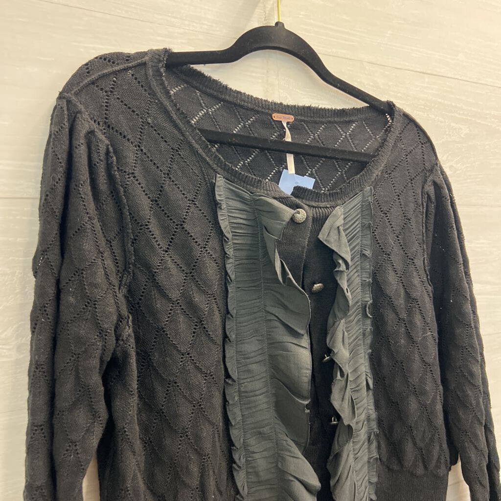 Free People Black Open Knit Cropped Ruffle Detail Cardigan Sweater Large
