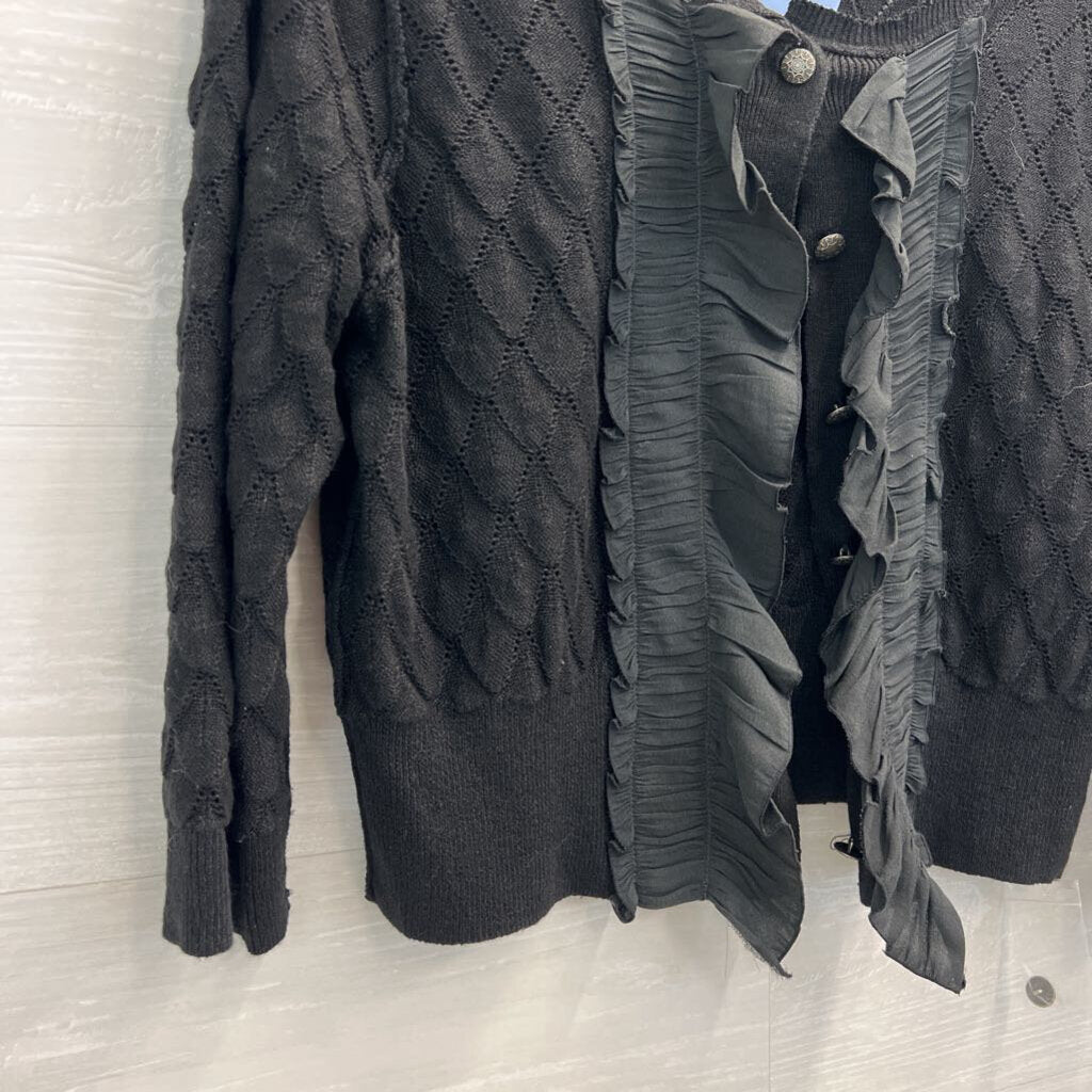 Free People Black Open Knit Cropped Ruffle Detail Cardigan Sweater Large