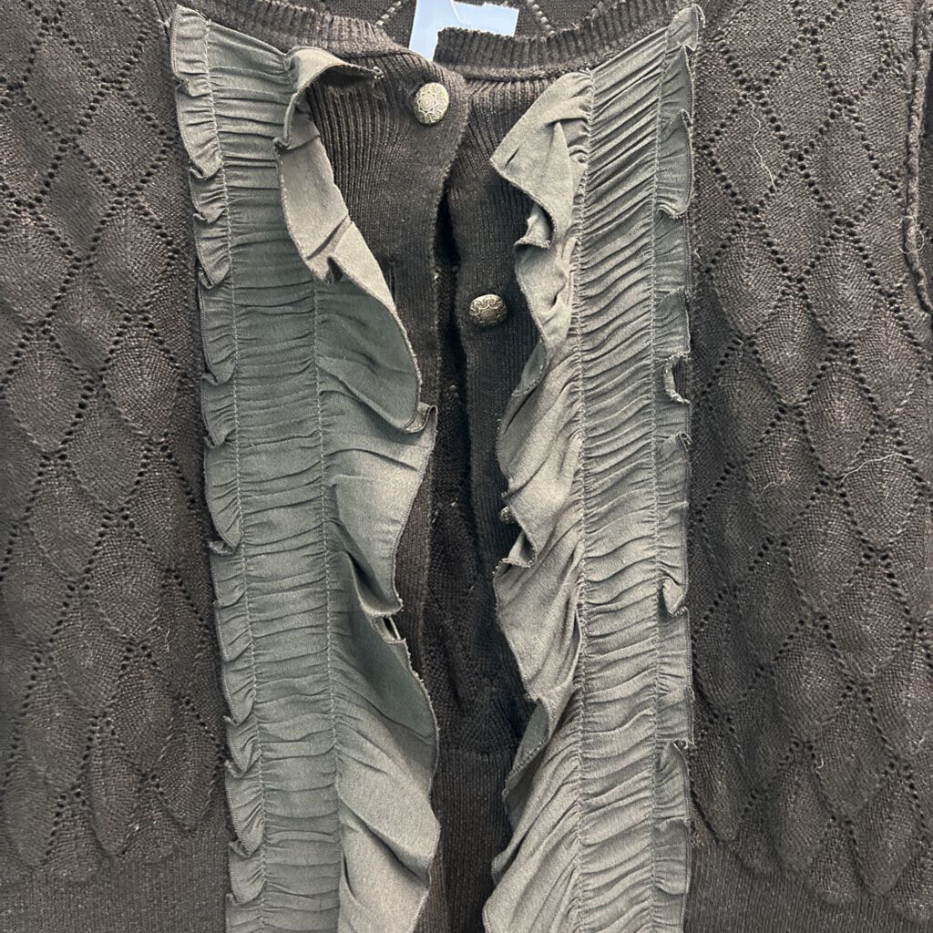 Free People Black Open Knit Cropped Ruffle Detail Cardigan Sweater Large