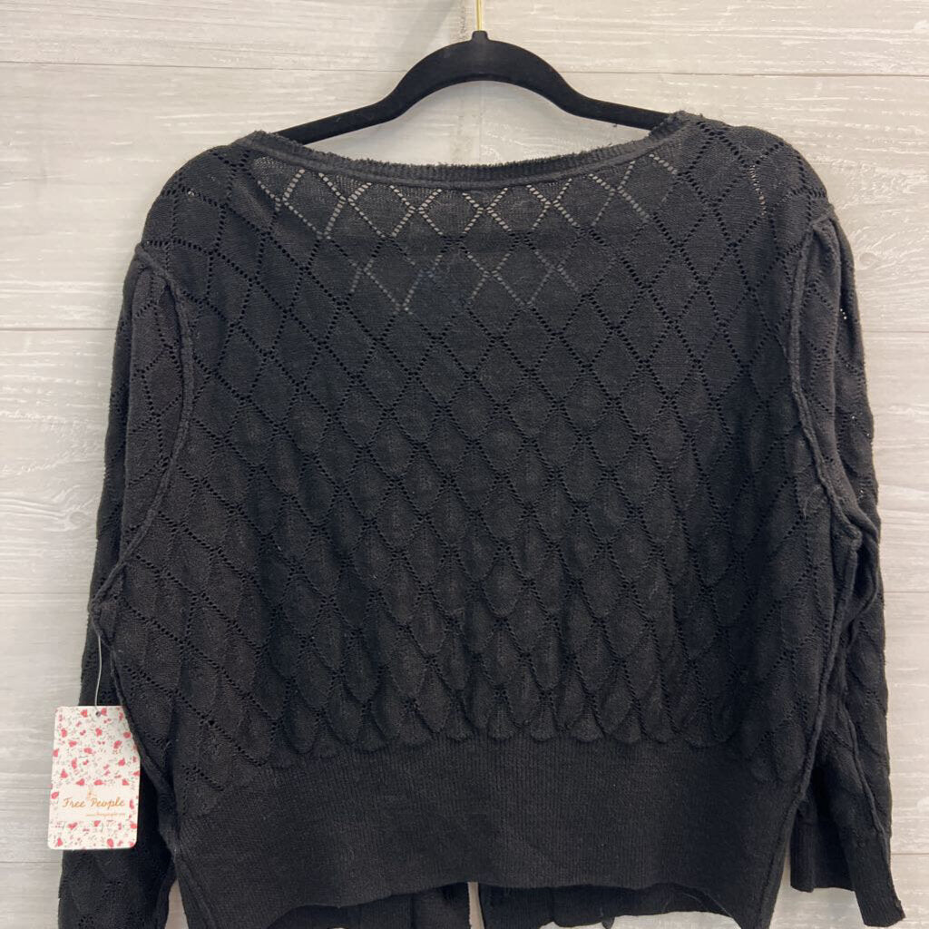 Free People Black Open Knit Cropped Ruffle Detail Cardigan Sweater Large